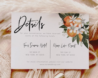 Orange Wedding Details Card Template, Accommodations Card Template, Citrus Wedding, Wedding Printable, DIY Editable, Instant Download, C2