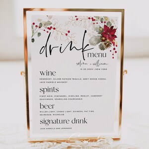 Plantilla de menú de bebidas navideñas, Letrero para beber, Letrero de menú de bebidas para bodas, despedidas de soltera, baby shower, bautismo, cumpleaños, Letreros de menú, F25