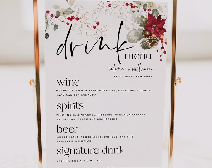 Christmas Drink Menu Template, Let's Drink Sign, Drink Menu Sign for Wedding, Bridal Shower, Baby Shower, Baptism, Birthday, Menu Signs, F25