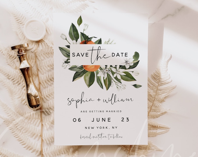 Save the Date Template, Citrus Orange Wedding Save the Date Card, Electronic Save the Date Template, Save the Date, Instant Download, C2