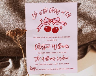 Cherry Bridal Shower Invitation | She’s the Cherry on Top | Editable Template | Red Retro Bridal Shower Invite | Printable Instant Download