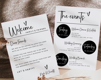 Wedding Weekend Events Itinerary Card Template, Modern Minimalist, Wedding Events Timeline, Wedding Welcome Bag Note, Wedding Schedule, M18