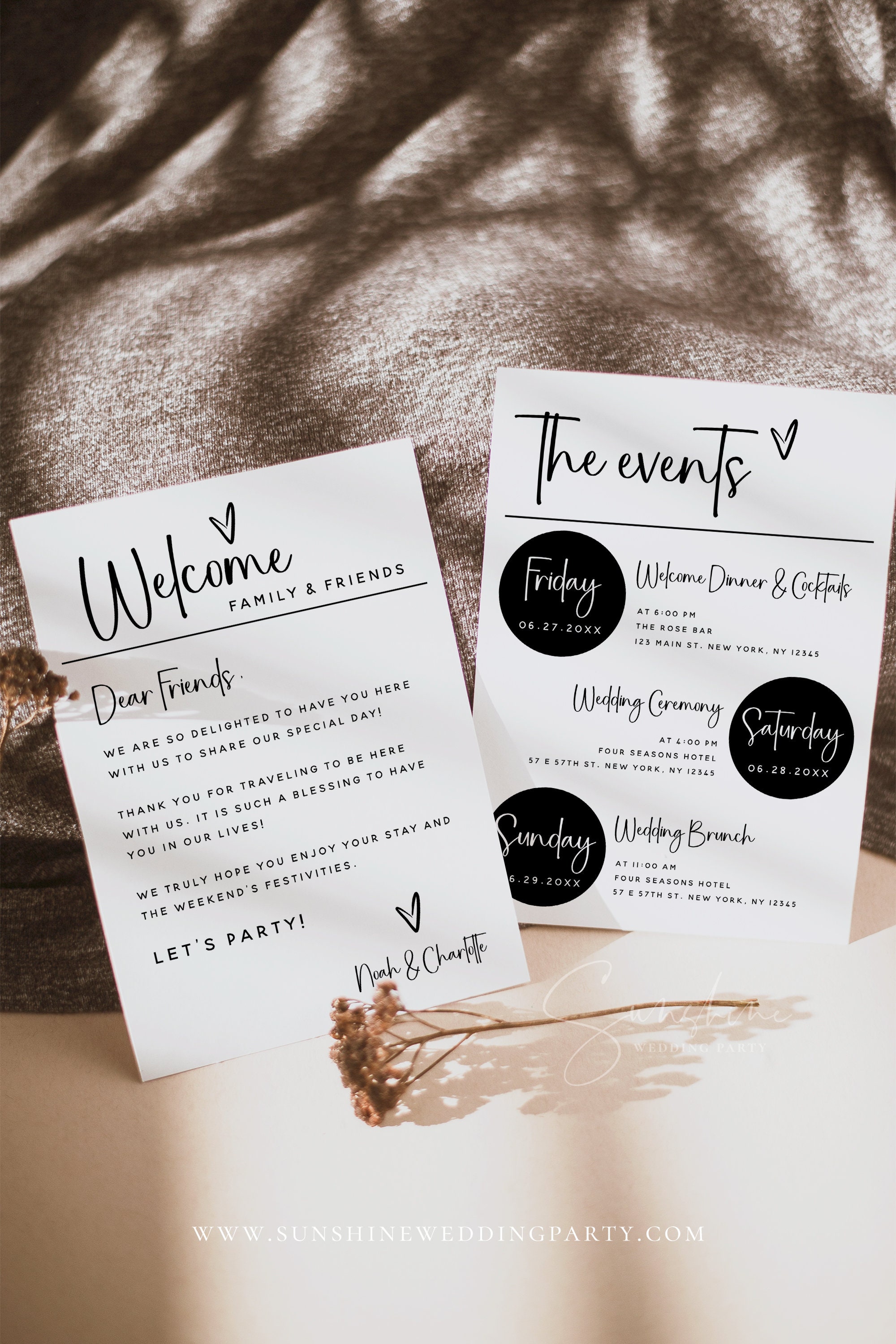 Wedding Weekend Events Itinerary Card Template, Modern Minimalist, Wedding Events Timeline, Wedding Welcome Bag Note, Wedding Schedule, M18