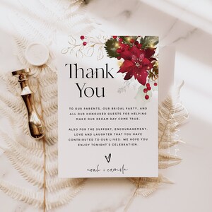 Plantilla de tarjeta de agradecimiento para boda navideña, boda de invierno, carta de agradecimiento, nota de agradecimiento, tarjeta de agradecimiento, plantilla editable, F25