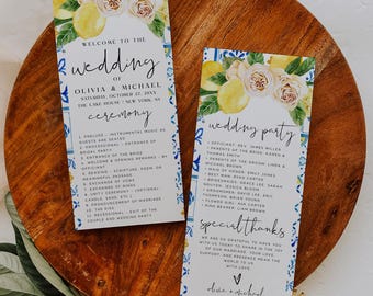 Lemon Wedding Program Template | DIY Editable Ceremony Program | Lemon Blue Tile Floral Design | Printable Wedding | Instant Download | L1