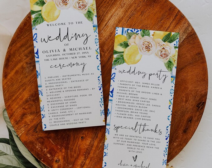 Lemon Wedding Program Template | DIY Editable Ceremony Program | Lemon Blue Tile Floral Design | Printable Wedding | Instant Download | L1