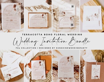 Terracotta Wedding Invitation Template Bundle, Boho Floral Wedding, Pampas Grass, Invitation Template, Invitation Bundle, DIY Editable, F24