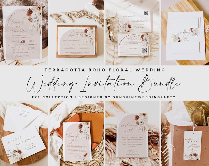 Terracotta Wedding Invitation Template Bundle, Boho Floral Wedding, Pampas Grass, Invitation Template, Invitation Bundle, DIY Editable, F24