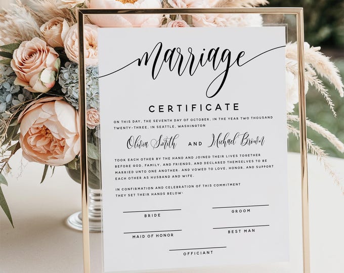 Editable Certificate of Marriage Template | Modern Wedding Marriage Certificate Template | Printable Wedding Vow Keepsake Certificate | M2