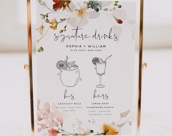 Signature Drink Sign Template, Garden Flowers, Bohemian Wedding, Signature Drink Signs, His and Hers Drink Bar Sign, Editable Template, F16