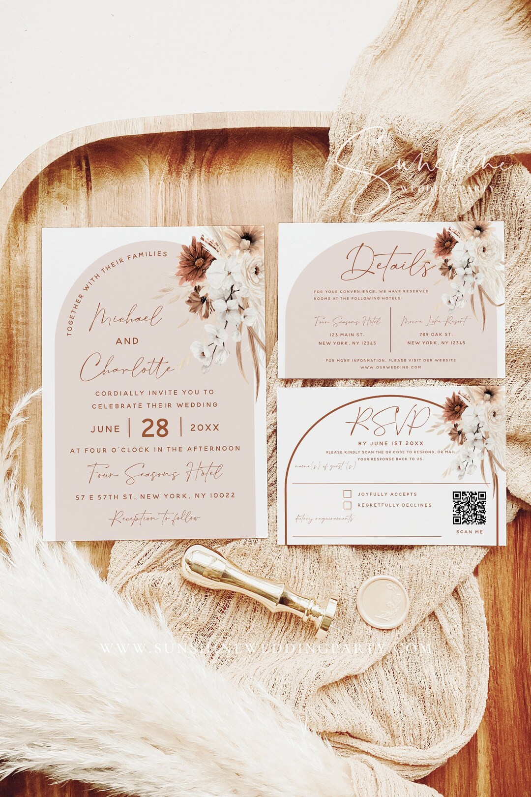 Terracotta Floral Wedding Invitation Kit Template, Invitation Set, Invitation Suite, Bohemian