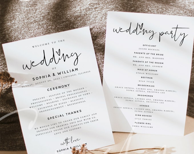 Wedding Program Template, DIY Wedding Program Template, Printable Wedding Ceremony Program, Editable Text, Instant Download, Templett, M8