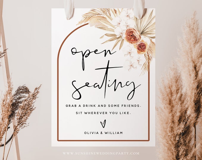 Open Seating Sign Template, Pampas Terracotta, Modern Boho Wedding Signs, Baby Shower Signs, Bridal Shower Signs, Instant Download, T4