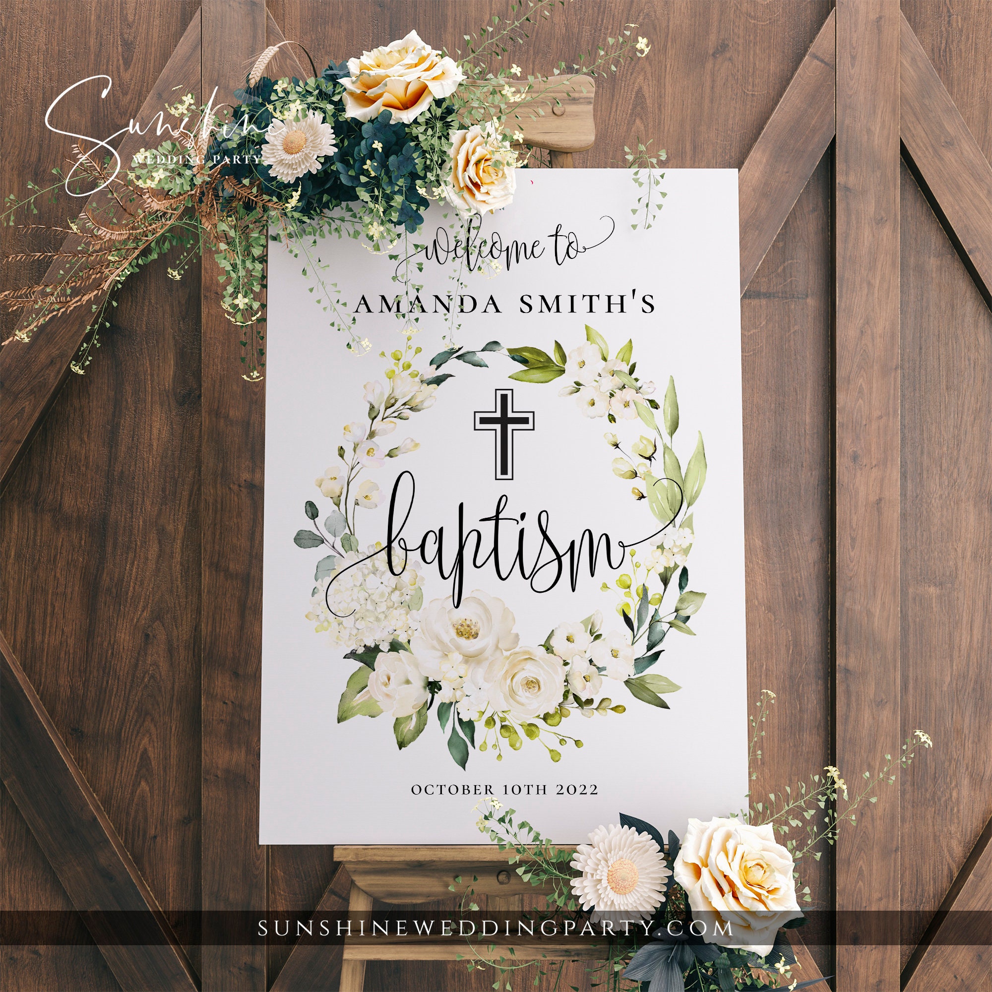 Baptism Welcome Sign Template, Christening Welcome Sign Template, Editable Template, Printable Sign, White Floral Baptism, Instant Download - Etsy