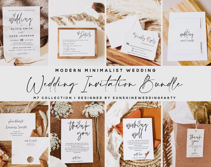 Minimalist Wedding Invitation Bundle, Invitation Template, Wedding Bundle, Wedding Printable, DIY Editable Template, Instant Download, M7