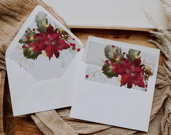 Printable Christmas Envelope Liner Template | A7, Euro Flap, Square Flap, A6, A2, 4 Bar | Christmas Wedding | Red Poinsettia Floral | F25