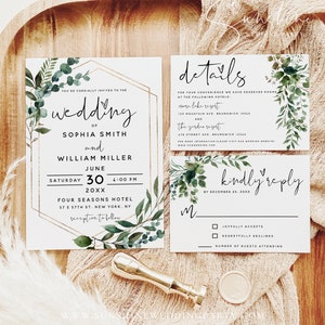 Eucalyptus Greenery Wedding Invitation Kit Template, Wedding Invitation Suite, Invitation Set, Details Card, RSVP Card, Instant Download, G5 image 2