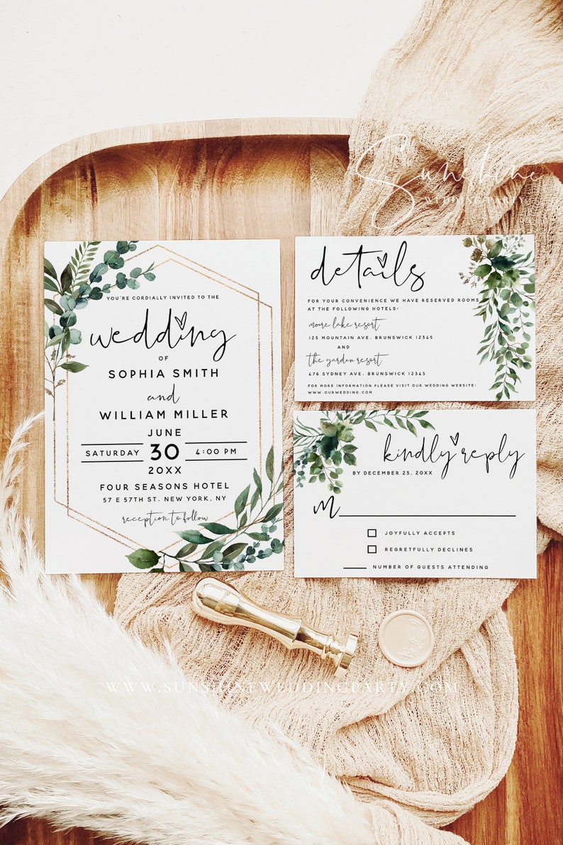 Eucalyptus Greenery Wedding Invitation Kit Template, Wedding Invitation Suite, Invitation Set, Details Card, RSVP Card, Instant Download, G5 image 2