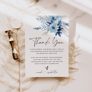 Plantilla de tarjeta de agradecimiento para boda en azul polvoriento, boda floral boho, boda boho, carta de agradecimiento, nota de agradecimiento, tarjeta de agradecimiento, F20