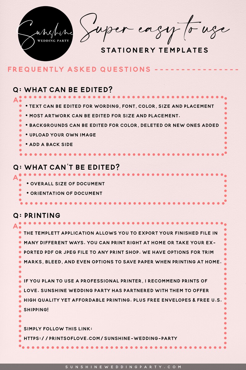 May include: A pink and white graphic with the text "Sunshine Wedding Party" and the title "Super easy to use Stationery Templates". The graphic lists frequently asked questions about editing and printing wedding stationery templates.