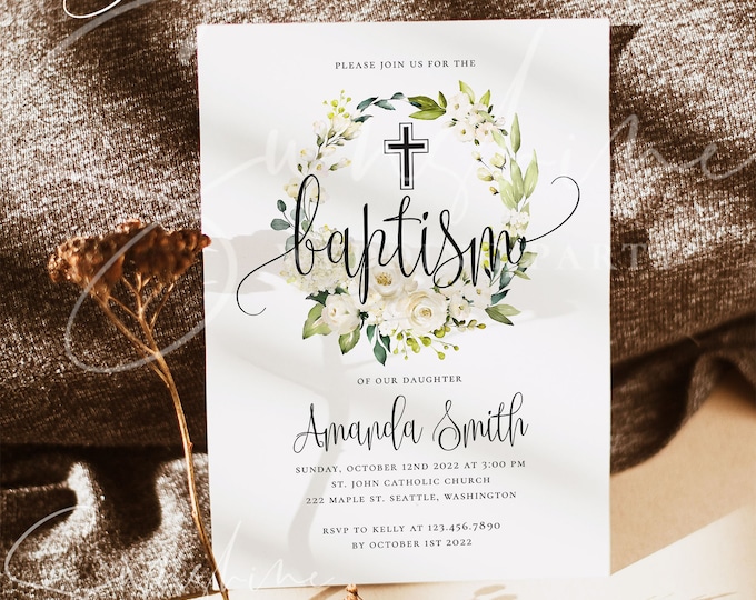Baptism Invitation Template | Editable Christening Invite | Templett | Floral Cross Design | Instant Download | Printable | Girl or Boy