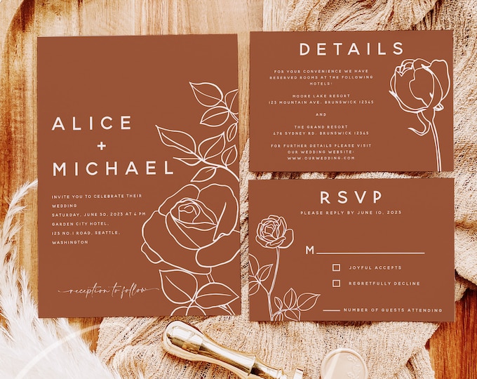 Terracotta Wedding Invitation Suite, Floral Wedding Invitation Set Template, Wedding Invitation Kit, Printable Wedding Invitation Suite, T2