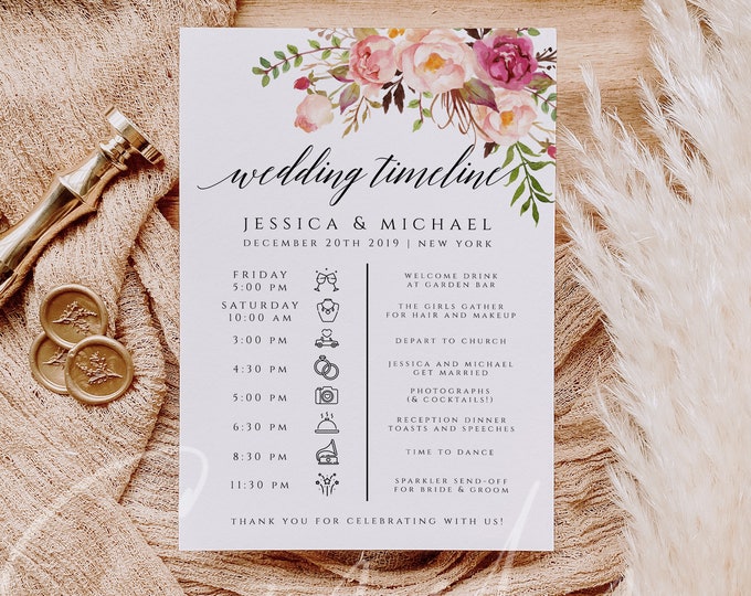 Wedding Timeline Wedding Itinerary Wedding Schedule Order of Events Wedding Day Timeline Icon Timeline Editable Instant Download Templett F4