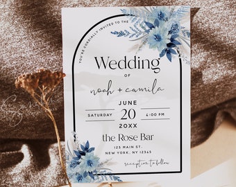 Dusty Blue Floral Wedding Invitation Card Template, Pampas Grass, Boho Invitation, Printable Invitation, DIY Editable, Digital Download, F20