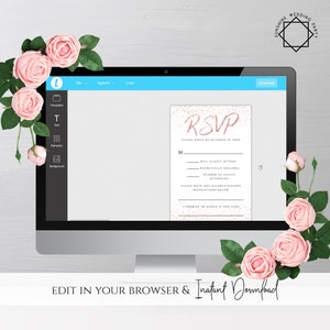 May include: A computer screen displaying a pink and white RSVP card with the text "RSVP" in a pink script font. The card has a glittery background and the text "Please reply by October 10, 2022".