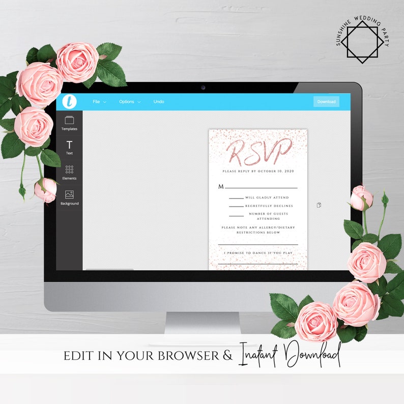 May include: A computer screen displaying a pink and white RSVP card with the text "RSVP" in a pink script font. The card has a glittery background and the text "Please reply by October 10, 2022".