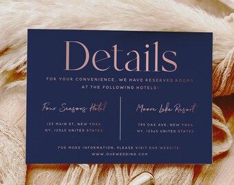 Wedding Details Card Template, Navy Blue Rose Gold, Wedding Accommodations Card Template, Modern Wedding, Details Card, Instant Download, N1