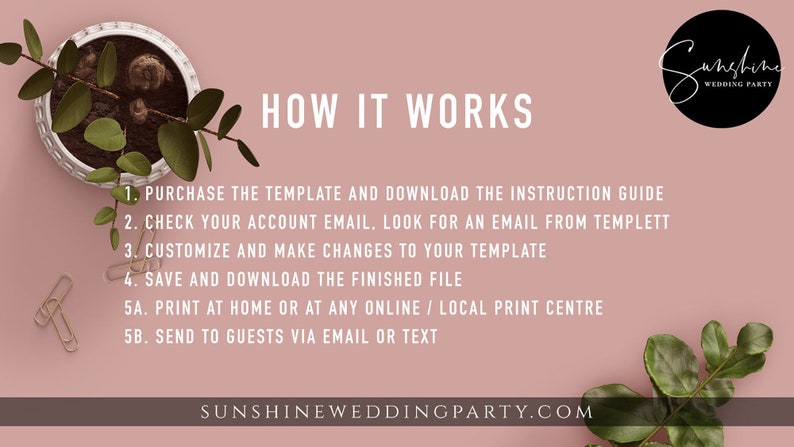 May include: Pink background with text that says "HOW IT WORKS" and a list of instructions for purchasing and customizing a printable template. The text also includes the website address "SUNSHINEWEDDINGPARTY.COM".