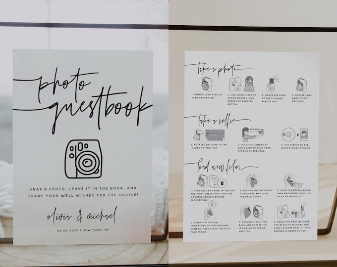 Instax Mini 12 Instructions Sign Template | Polaroid Guestbook 11x14 8x10 5x7 A4 | Wedding Photo Guest book Sign | How to Load New Film | M7