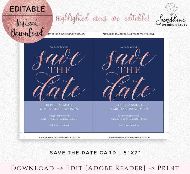 Navy Blue Rose Gold save THE date card Template 5x7 Printable Wedding save the date card Editable PDF Digital Download Instant Download