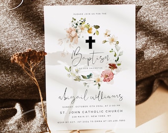 Garden Flowers Baptism Invitation | Editable Girl Baptism Template | Floral Christening Invite | Templett | Instant Download | Printable F16