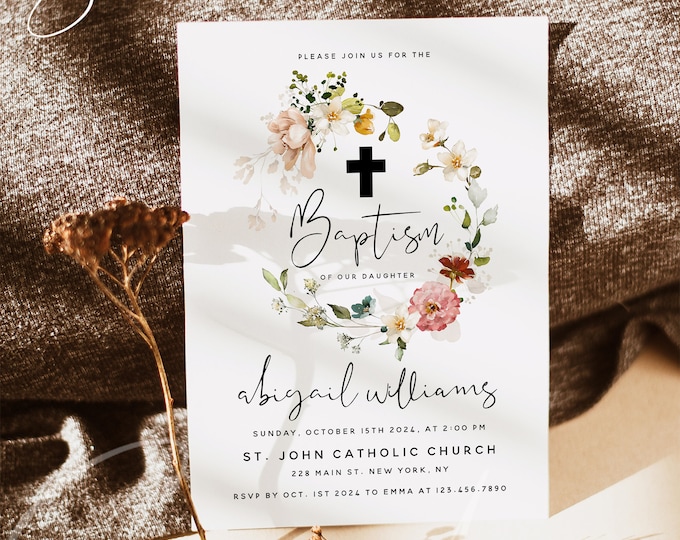 Garden Flowers Baptism Invitation Template, Baptism Invitation Cards, Christening Invitation, Baptism Invite Template, Instant Download, F16