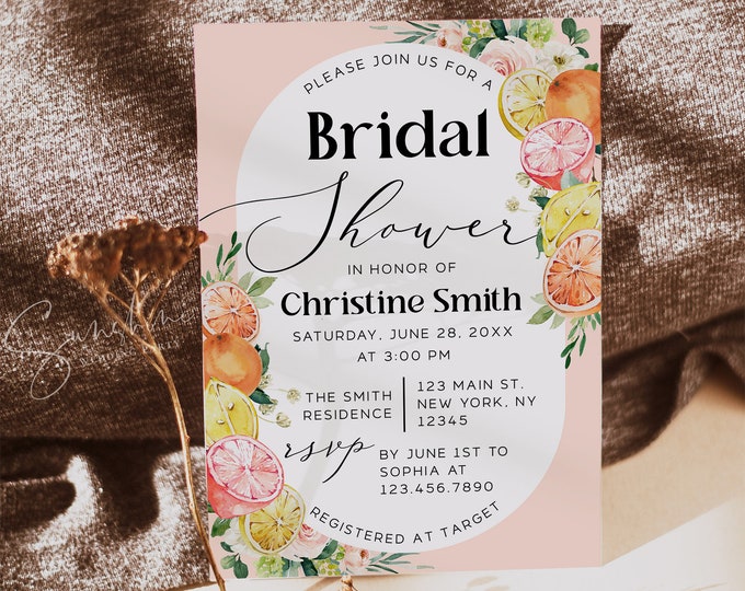 Editable Tropical Citrus Bridal Shower Invitation Template | Lemon Orange Grapefruit Design | DIY Printable Download | C4