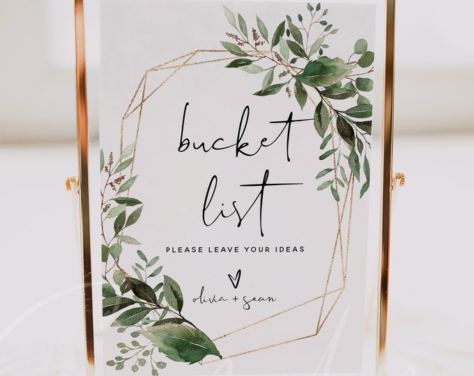 Bucket List Sign Template, Greenery Wedding Signs, Printable Bucket List Sign, Editable Template, Wedding Sign, Instant Download Templett G5