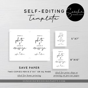 May include: Two printable templates for a photo booth with the text "Snap a photo & leave a message" and the names "Sophia + William". The templates are available in two sizes: 5 inches by 7 inches and 8 inches by 10 inches. The text "Save Paper" is also included, along with the information that two copies can be printed per 8.5 by 11 inch or A4 page.