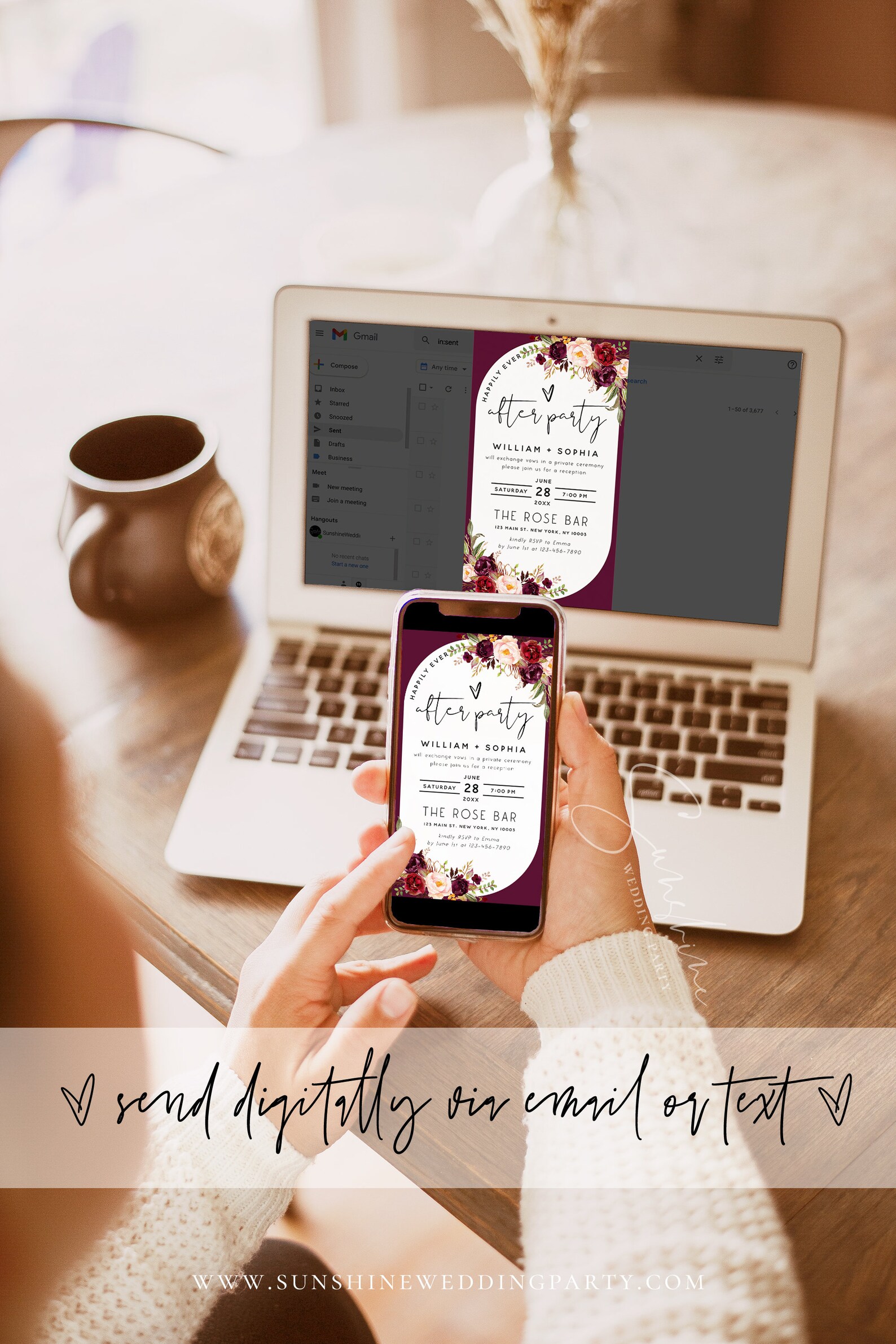Electronic Reception Invitation Template, Dusty Pink Burgundy Floral ...