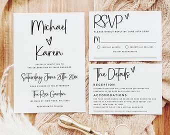 Minimalist Photo Invitation Suite Template, Modern Wedding, Rustic Wedding Photo Invitation, Wedding RSVP Wedding Details, DIY Editable, M18