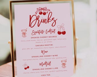 Cherry Bridal Shower Bar Menu Template | Signature Cocktail Sign | Red Drink Menu | Editable Menu | Cherry Theme Party | Instant Download