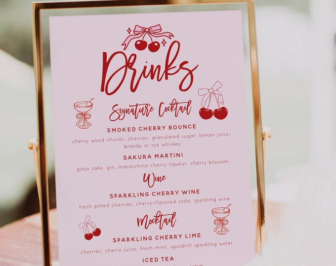 Cherry Bridal Shower Bar Menu Template | Signature Cocktail Sign | Red Drink Menu | Editable Menu | Cherry Theme Party | Instant Download