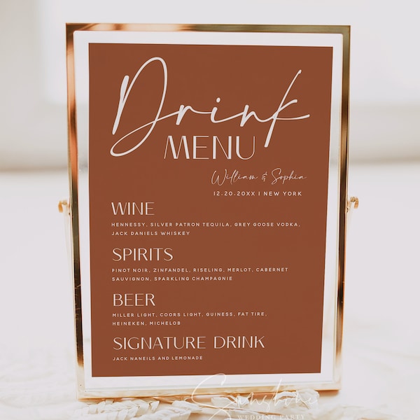 Terracotta Drink Menu Template, Let's Drink Sign, Drink Menu Sign for Wedding, Bridal Shower, Baby Shower, Baptism, Birthday, Menu Signs, T1