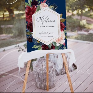 Navy Burgundy Wedding Welcome Sign Template, Marsala Floral Welcome Board, Printable Welcome Sign, Editable Template, Instant Download, F17 image 3