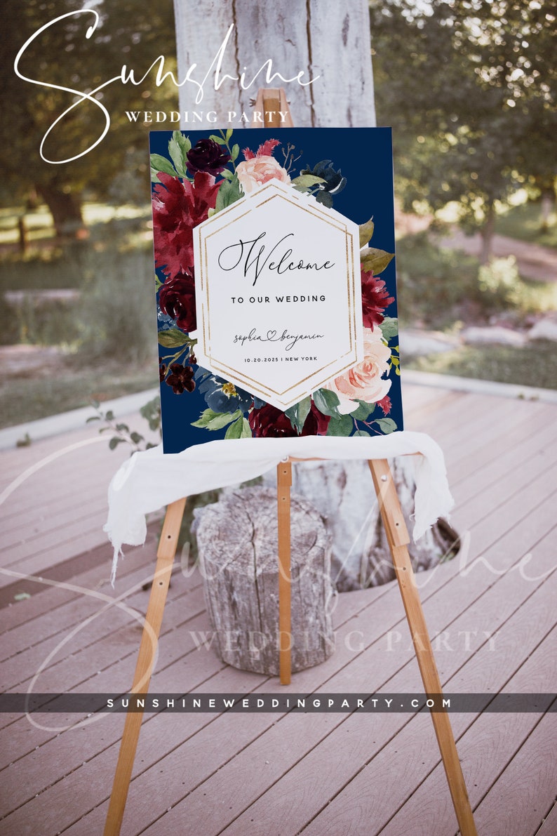 Navy Burgundy Wedding Welcome Sign Template, Marsala Floral Welcome Board, Printable Welcome Sign, Editable Template, Instant Download, F17 image 3