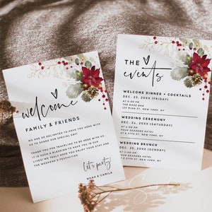 Modèle de carte d'itinéraire d'événements de week-end de mariage de Noël, chronologie d'événements de mariage, note de sac de bienvenue de mariage, programme de mariage, modifiable, F25