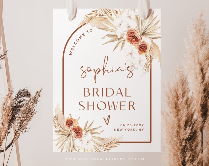 Pampas Terracotta Bridal Shower Welcome Sign, Boho Bridal Shower Welcome Poster, Welcome Signs, Editable Template, Instant Download, T4