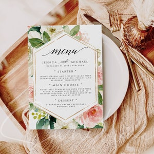 Plantilla de menú de boda Plantilla de menú de boda con diseño floral boho ruborizado Plantilla de menú de cena DIY para imprimir DESCARGA INSTANTÁNEA Plantilla de menú de texto editable F5
