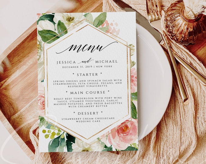 Wedding Menu Template Boho Blush Floral Wedding Menu Card Printable DIY Dinner Menu Template INSTANT DOWNLOAD Editable Text Menu Templett F5